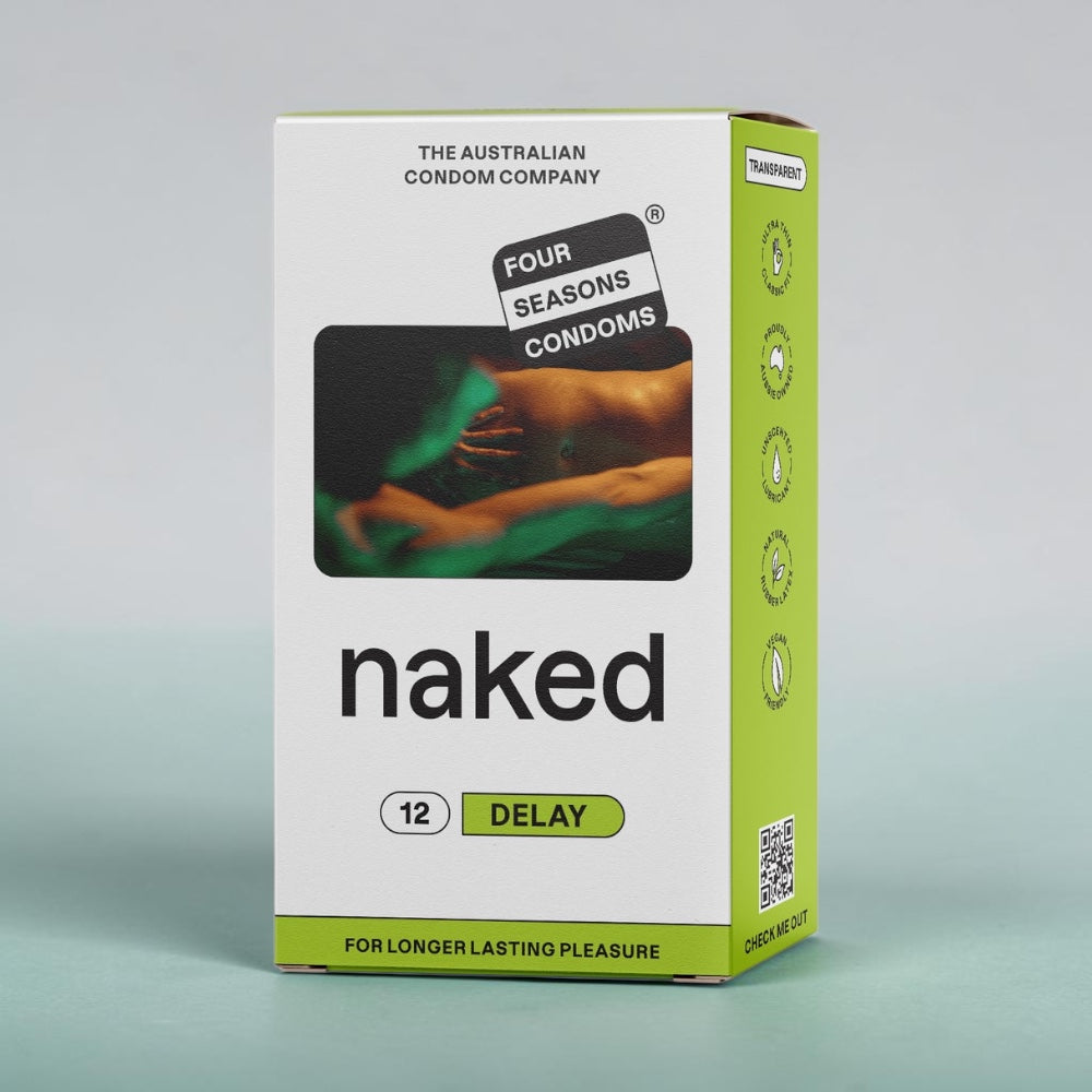 Bare Intentions Four Seasons Naked Delay ultra thin condoms in a 12-pack, showing sleek packaging and transparent condom wrappers.