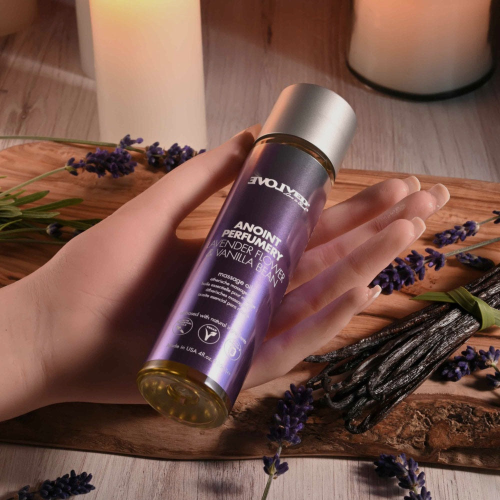 Bare Intentions lavender and vanilla massage oil bottle with a pump dispenser, showing the soothing, aromatic oil for relaxation.
