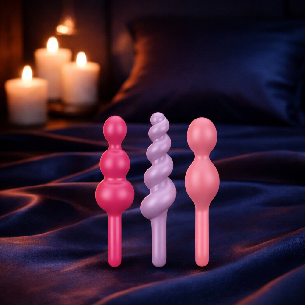 Bare Intentions Booty Call Plug Set featuring multiple silicone anal plugs in various sizes for adult pleasure and exploration.