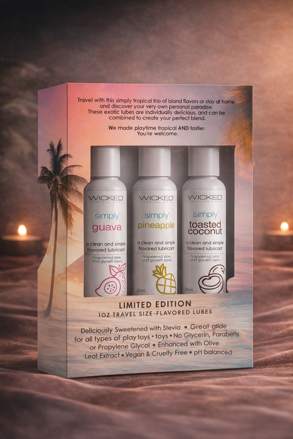 Bare Intentions Wicked Simply Tropical Trio vape juice bottles with colorful labels and tropical fruit illustrations.