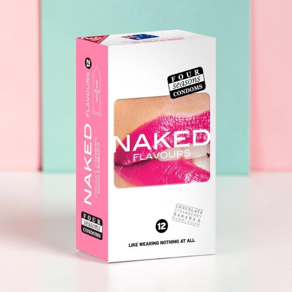 Bare Intentions Four Seasons Naked Flavours ultra thin flavoured condoms, 12 pack, with colorful packaging and sleek design.