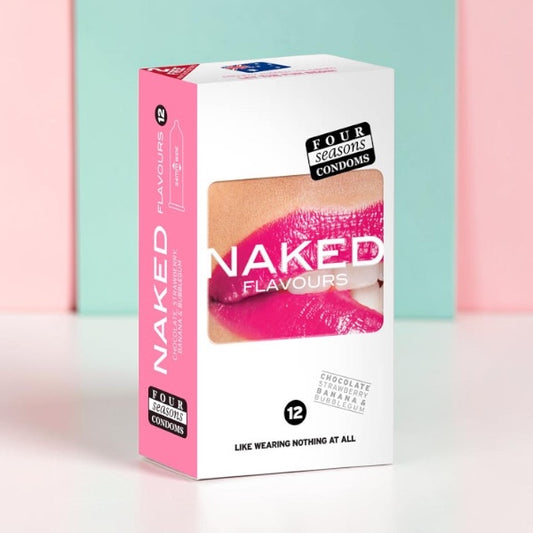 Bare Intentions Four Seasons Naked Flavours ultra thin flavoured condoms, 12 pack, with colorful packaging and sleek design.