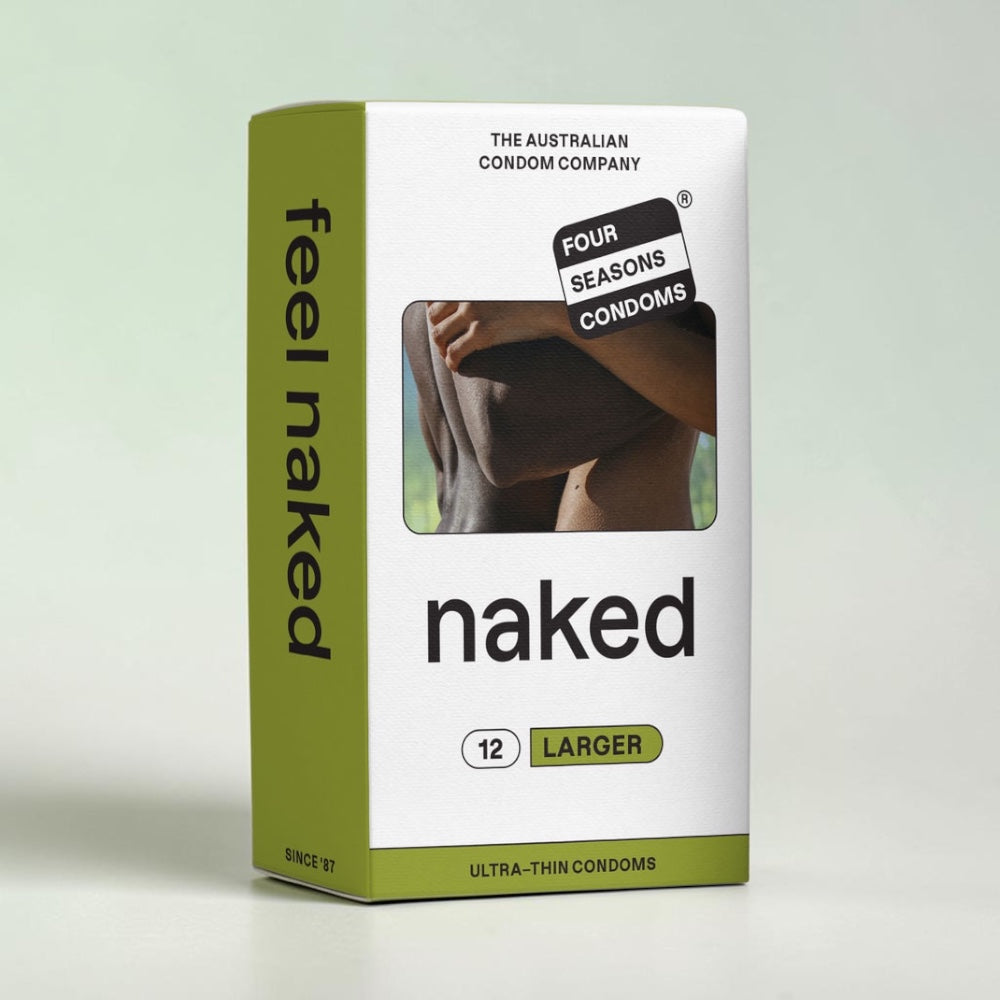 Bare Intentions Four Seasons Naked Larger Fitting Lubricated Condoms, 12-pack, showing the open condom package with smooth, transparent condoms.