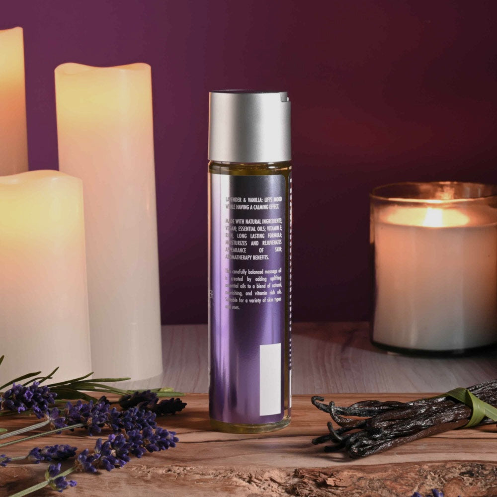 Bare Intentions lavender and vanilla massage oil bottle with a pump dispenser, displayed on a neutral background.