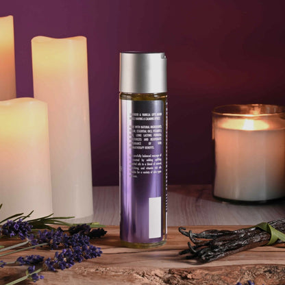 Bare Intentions lavender and vanilla massage oil bottle with a pump dispenser, displayed on a neutral background.