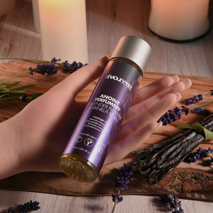 Bare Intentions lavender and vanilla massage oil bottle with a pump dispenser, showing the soothing, aromatic oil for relaxation.
