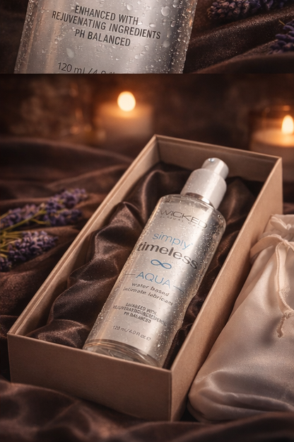 Bare Intentions Simply Timeless Aqua hydrating intimate glide lube shown in a sensual scene, highlighting smooth, water-based lubricant.